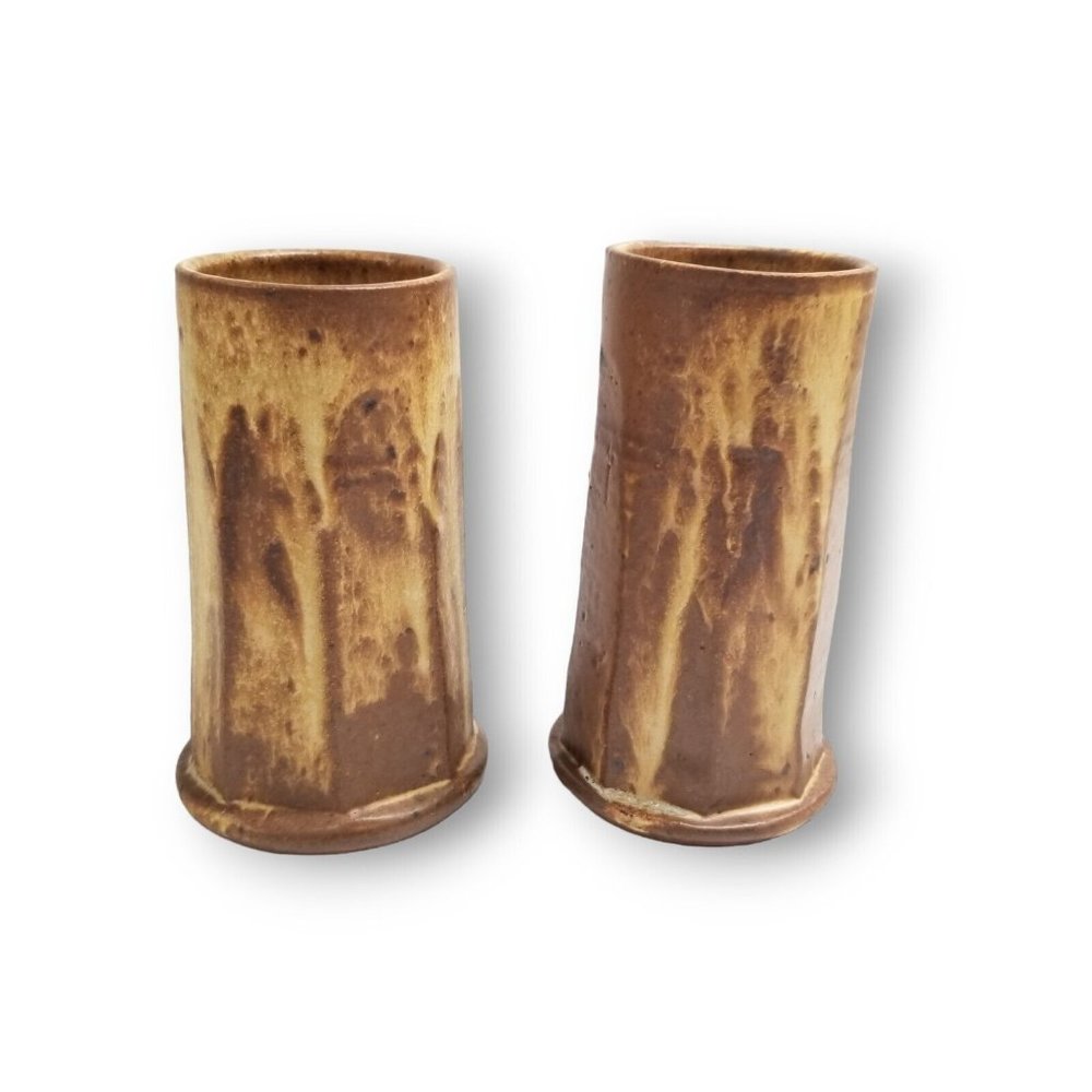 Vintage Pottery Vase Set Drip Glaze Stoneware Pair Cup Decorative SIGNED Art 70s